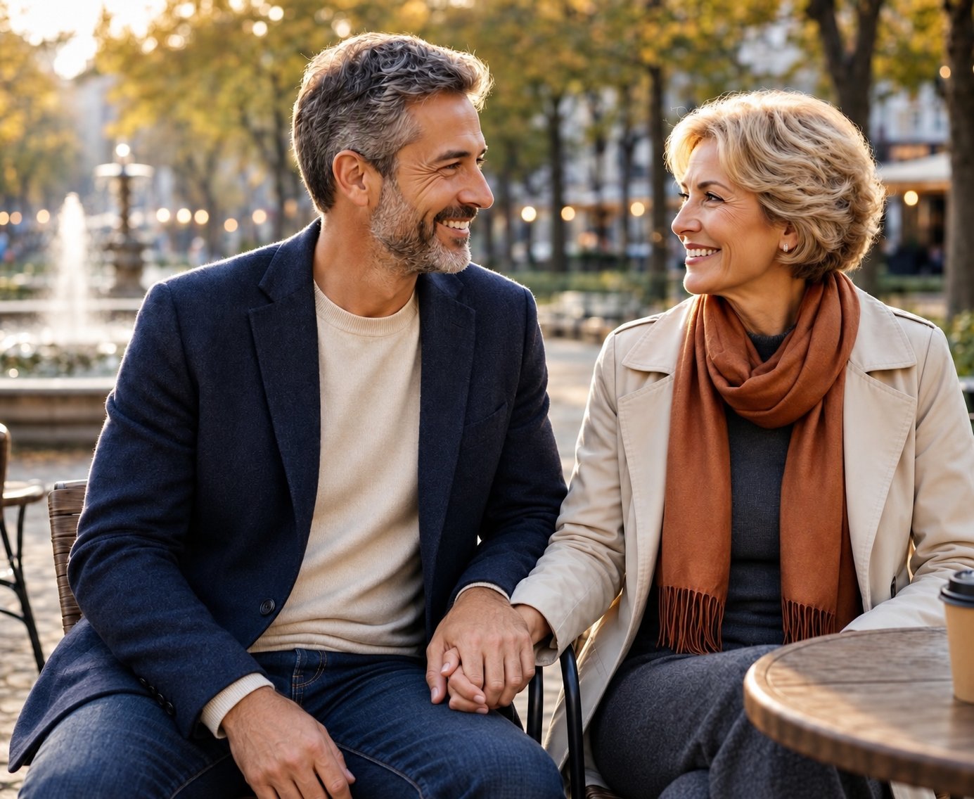 Mature couple smiling and holding hands at an outdoor cafe